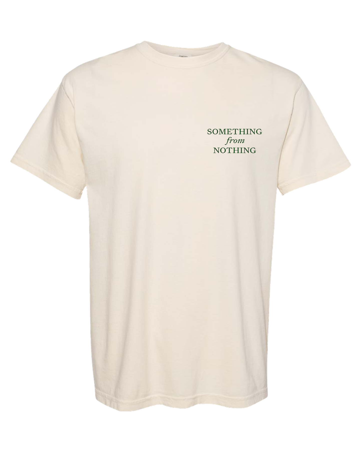 Beige t-shirt with 'SOMETHING from NOTHING' text on a white background