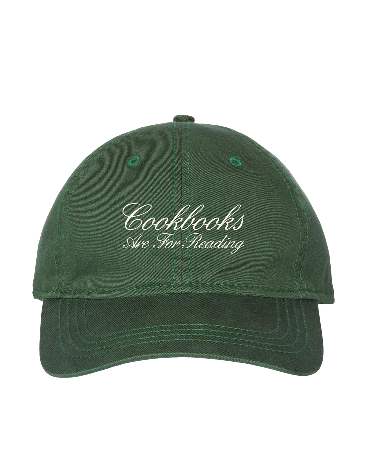 Green cap with 'Cookbooks Are For Reading' text on a white background