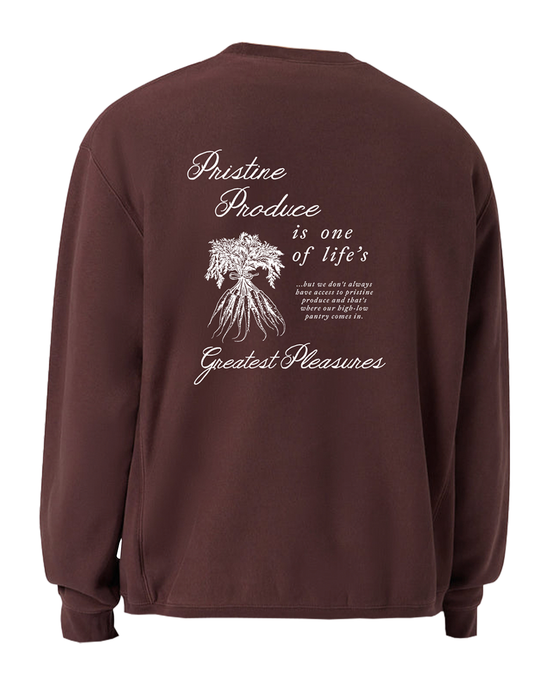 Brown sweatshirt with white text and graphic on the back, on a white background