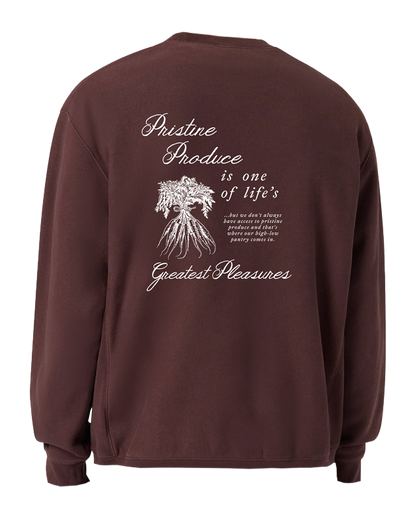 Brown sweatshirt with white text and graphic on the back, on a white background