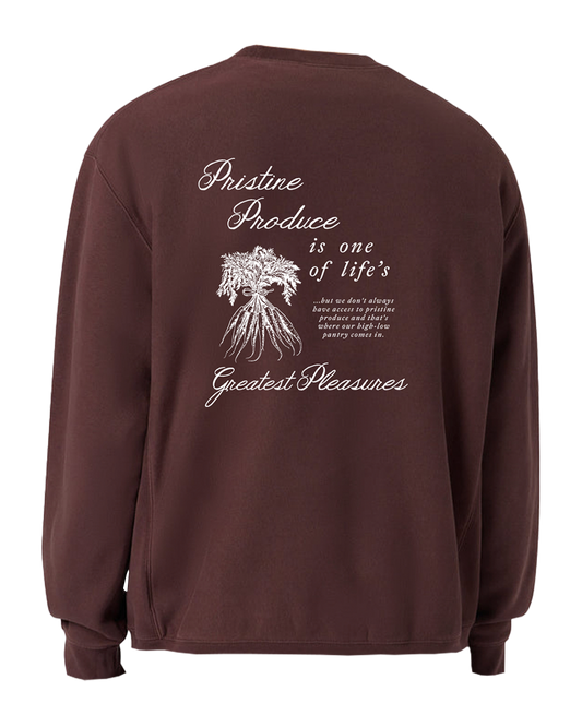 Brown sweatshirt with white text and graphic on the back, on a white background