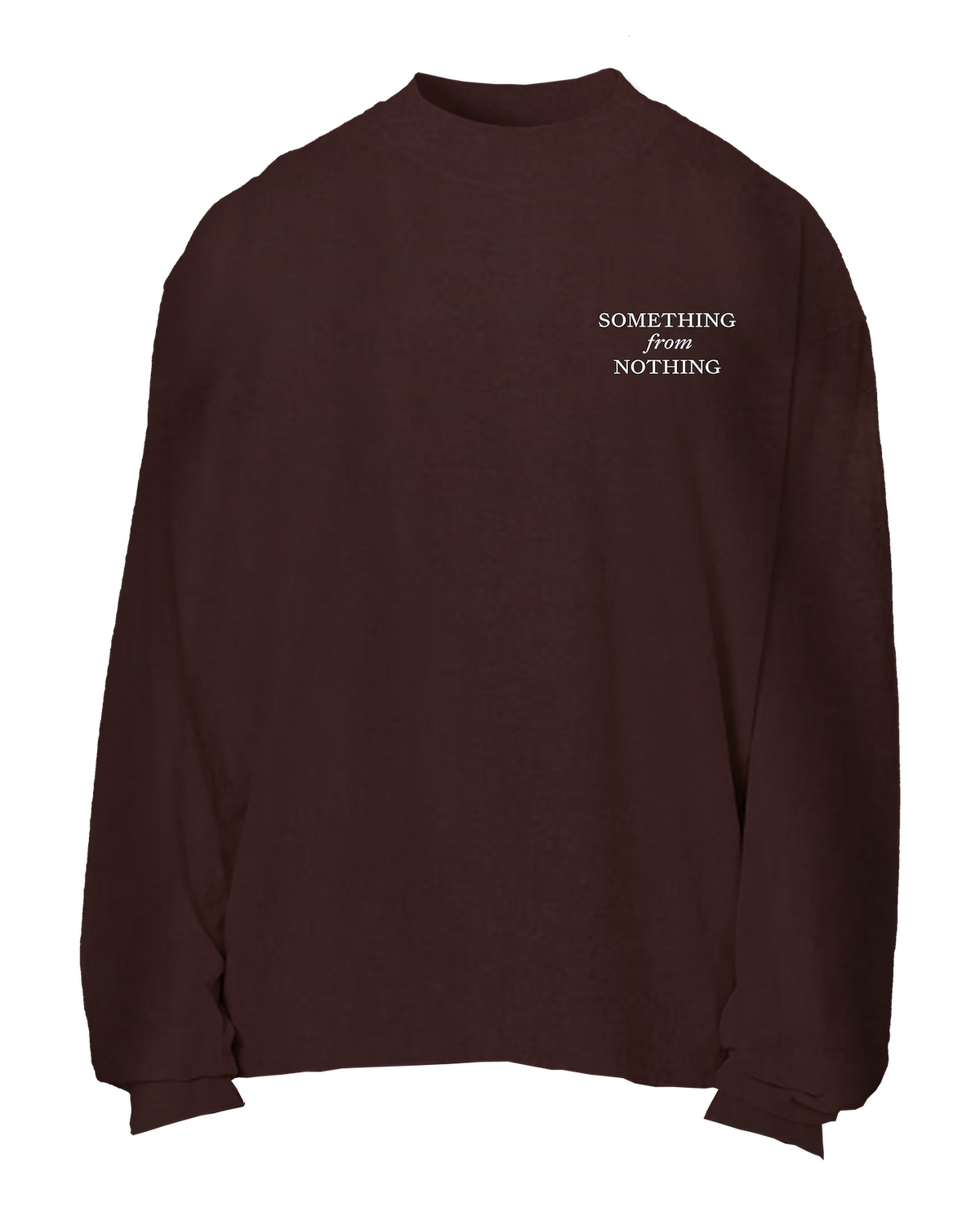 Brown sweatshirt with 'Something from Nothing' text on a white background