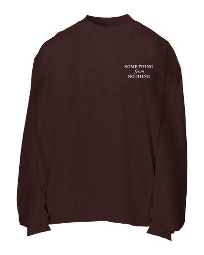 Brown sweatshirt with 'Something from Nothing' text on a white background