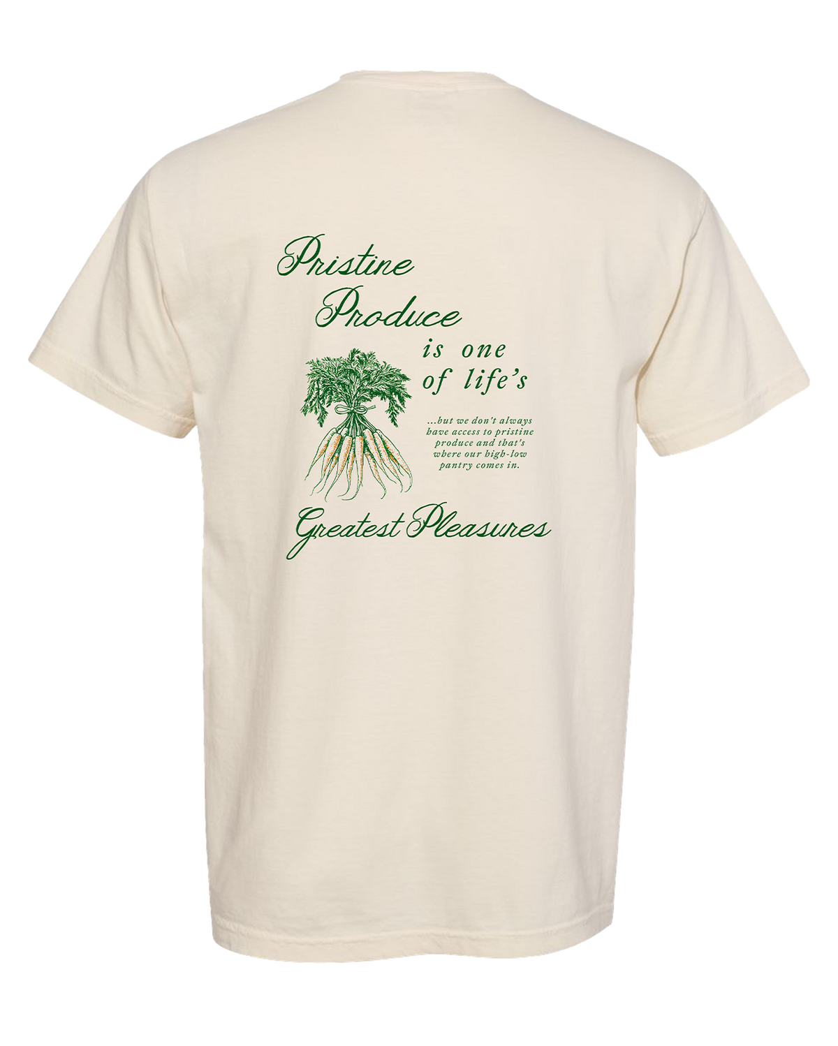Beige t-shirt with green text and graphic on a white background