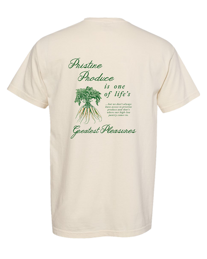 Beige t-shirt with green text and graphic on a white background