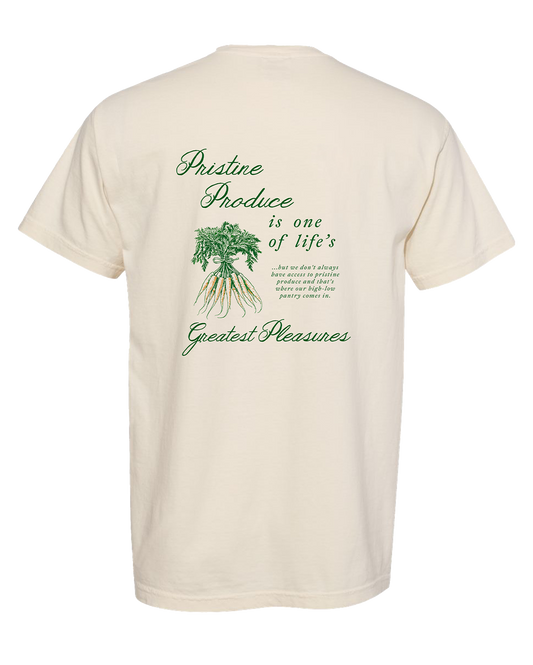Beige t-shirt with green text and graphic on a white background