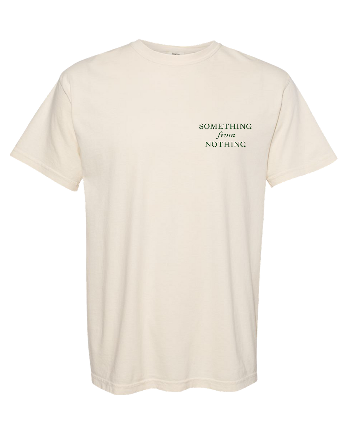 Beige t-shirt with 'SOMETHING from NOTHING' text on a white background