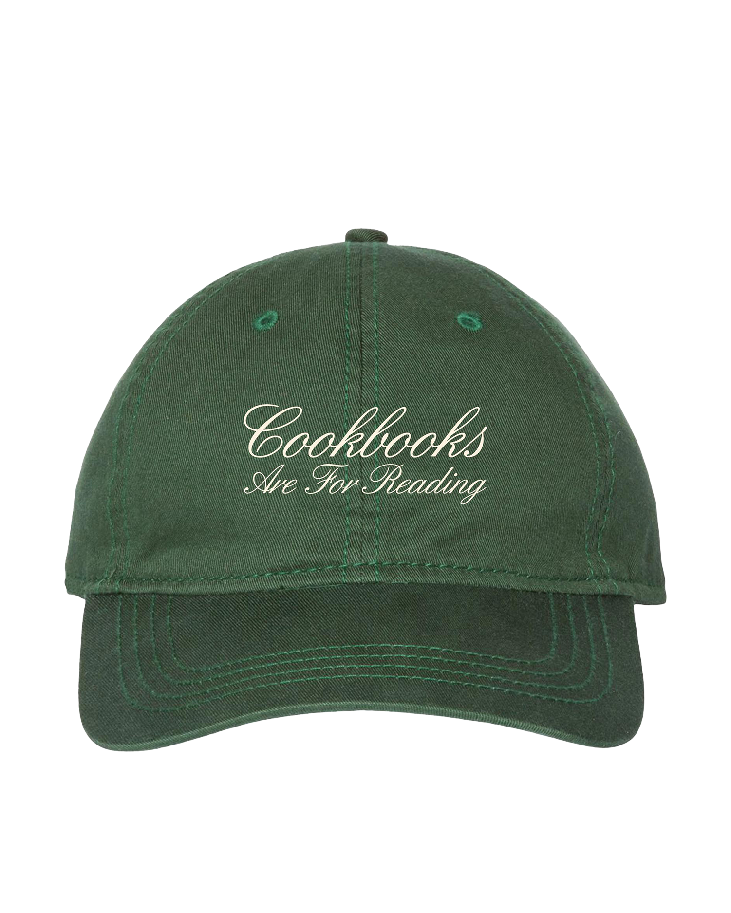 Green cap with 'Cookbooks Are For Reading' text on a white background