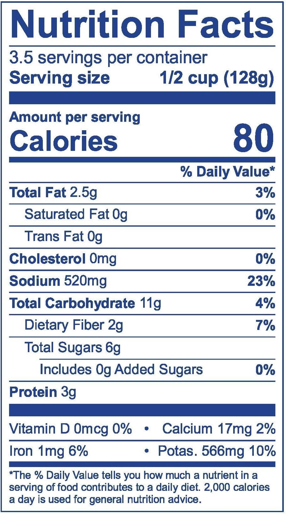 Nutrition facts label for a food product with serving size, calories, and nutritional content details.