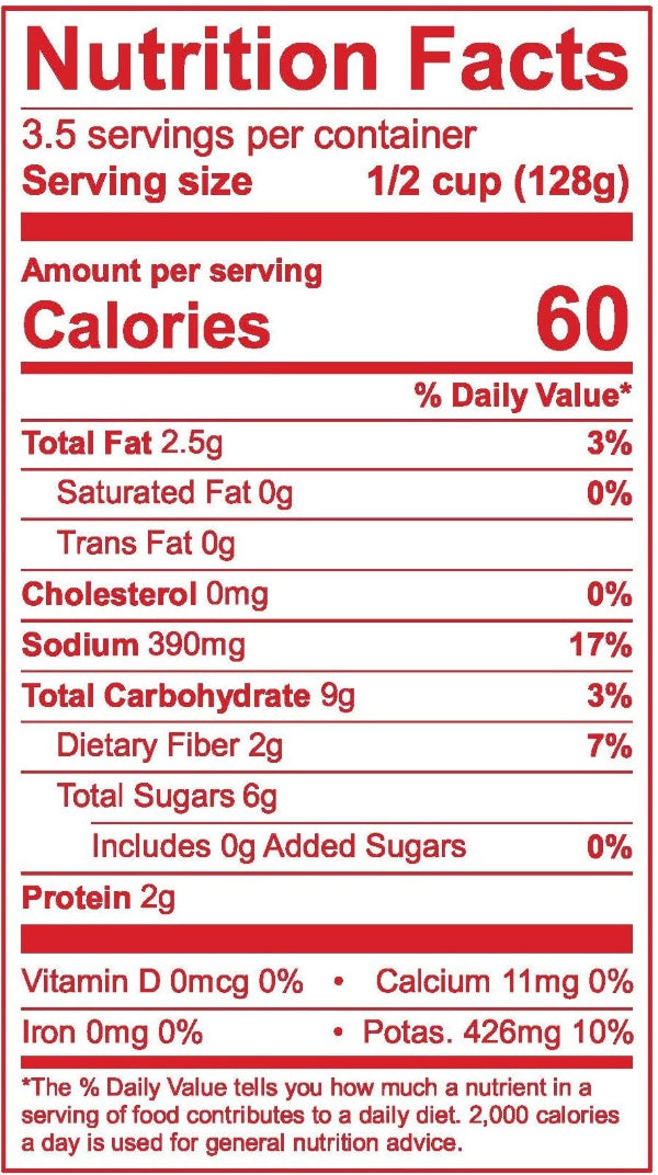 Nutrition facts label for a food product with red and white color scheme.