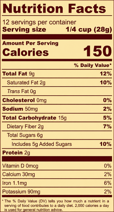 Nutrition facts label for a food product with serving size, calories, and nutritional content details.