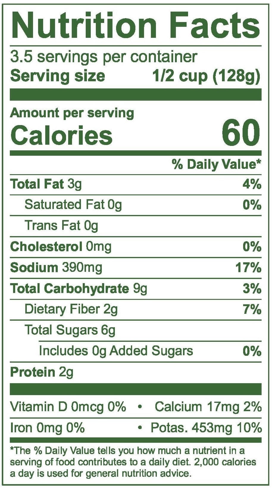 Nutrition facts label for a food product with serving size, calories, and nutritional content.
